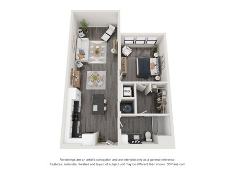 A 3D floor plan of a small apartment with a kitchen, living room, and bedroom.